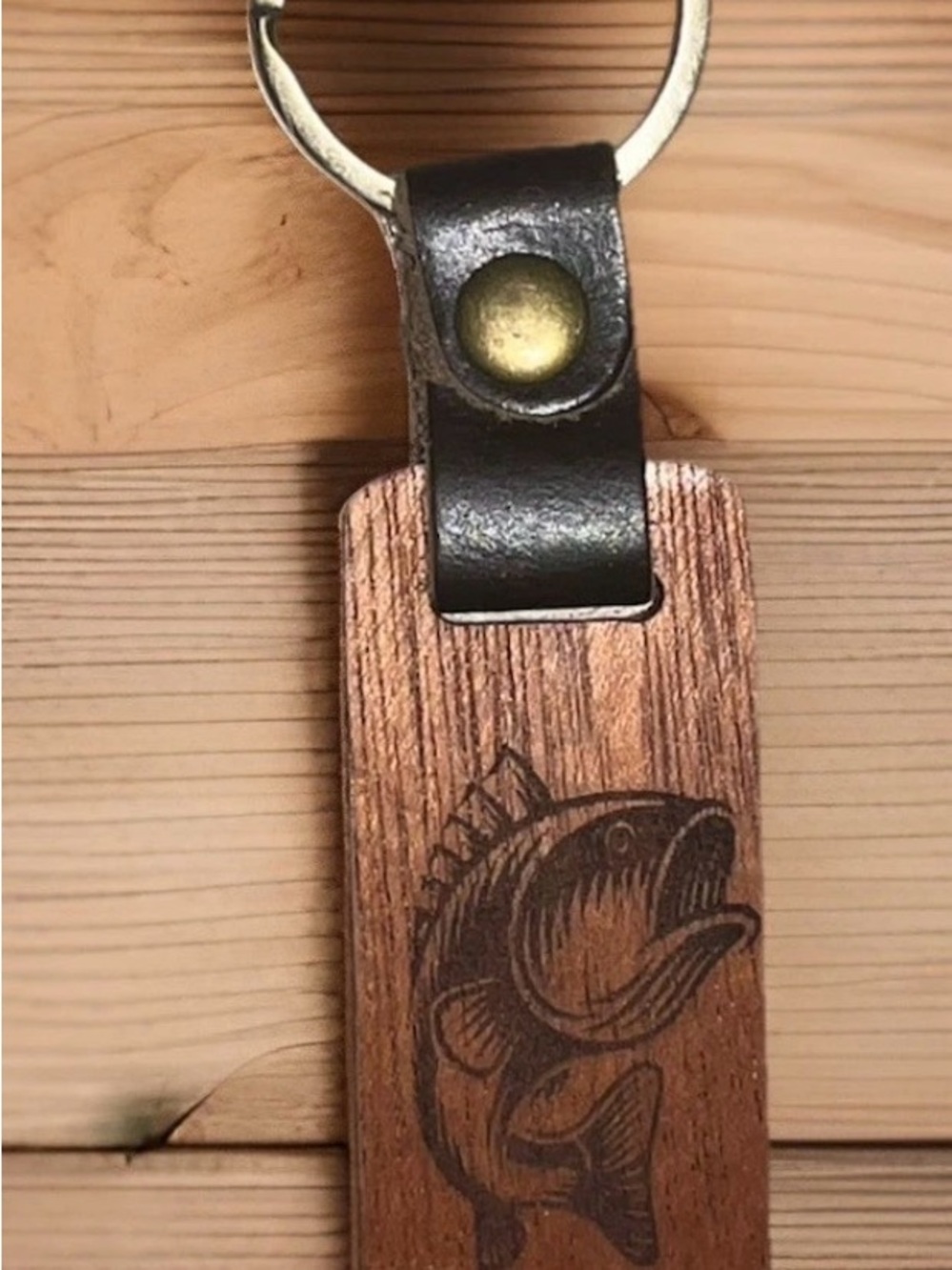Cherry Wood keychain with a Bass engraved in it with Black Leather Accent #177